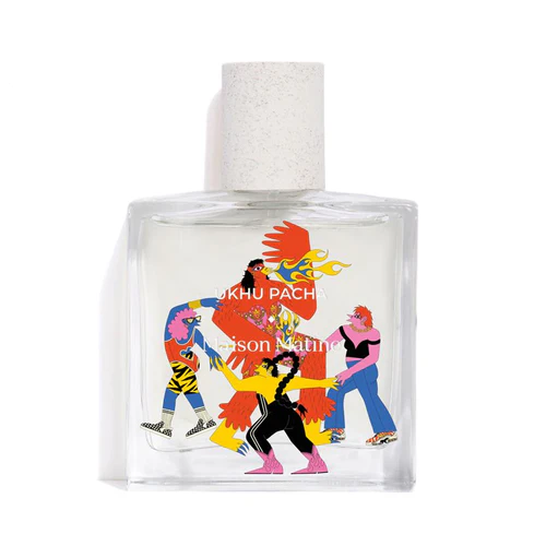 Perfume bottle with colorful graphic design on a white background
