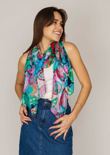 Dlux - Fiore Flower Print Silk Scarf Teal