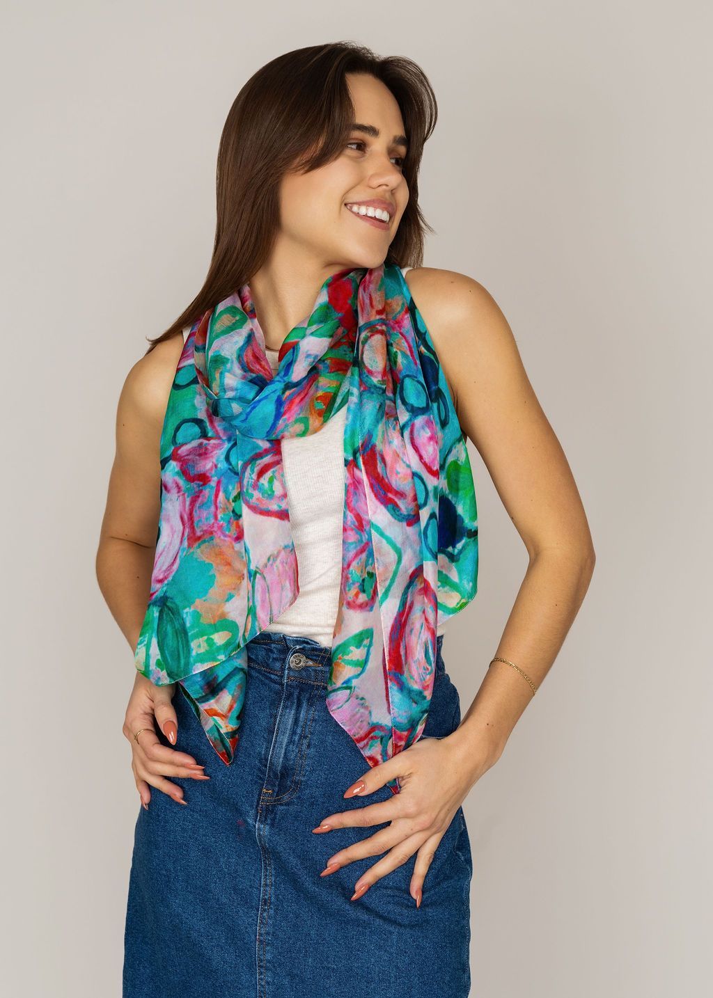 Dlux - Fiore Flower Print Silk Scarf Teal